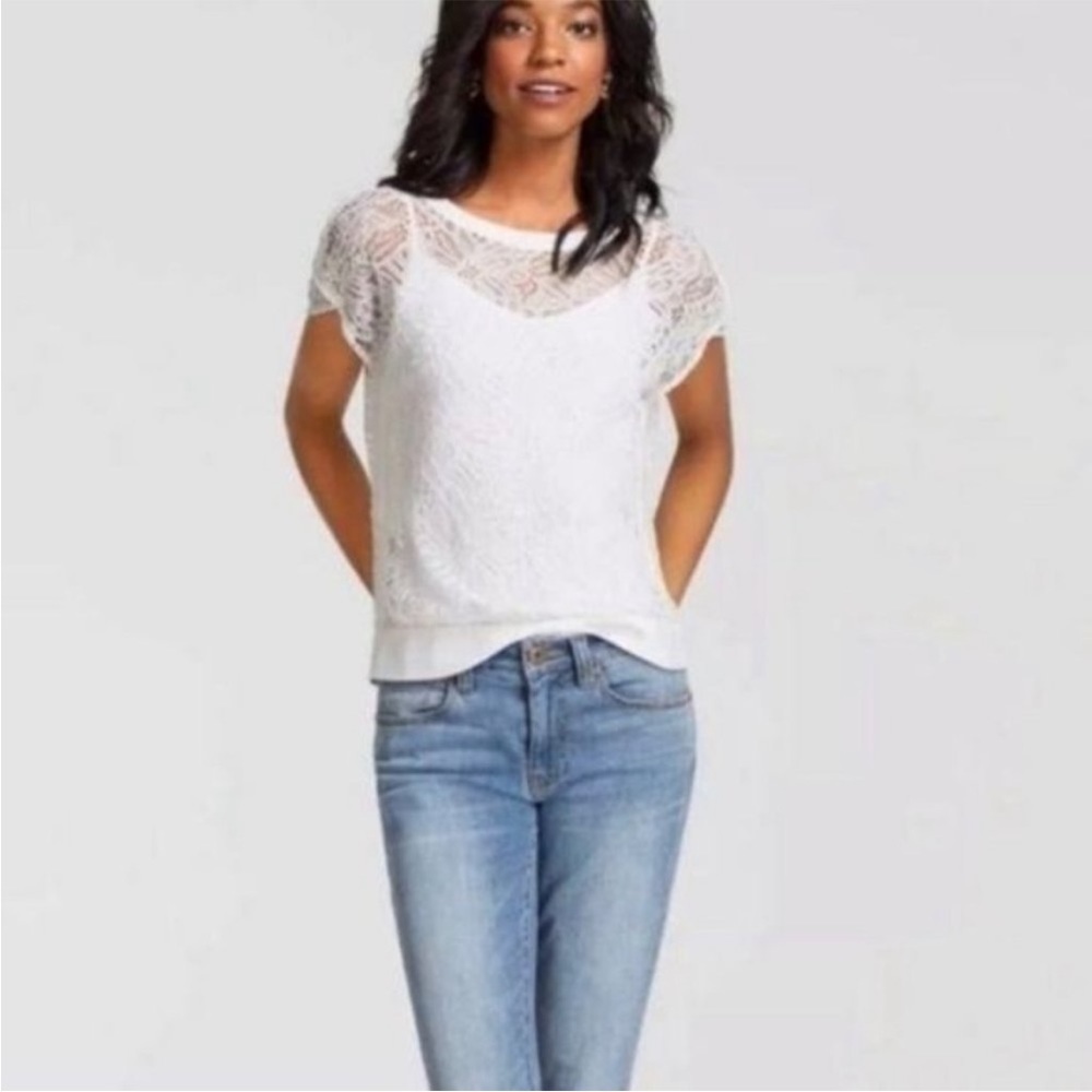 Cabi Sienna sheer lace short sleeve blouse white medium
